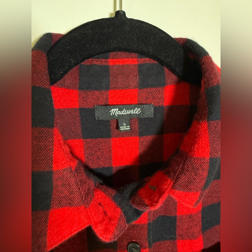 Madewell Women’s Red Buffalo Check Plaid Flannel Shirt Large Popover Top Button - Picture 4 of 12